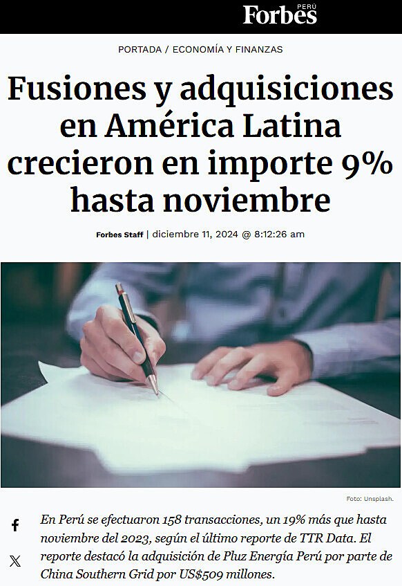 Fusiones y adquisiciones en Amrica Latina crecieron en importe 9% hasta noviembre